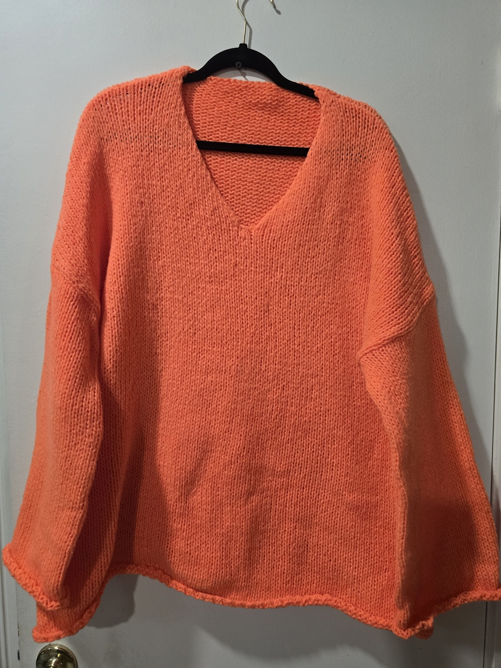 Women's V-Neck Oversized Knit Sweater - Neon Orange